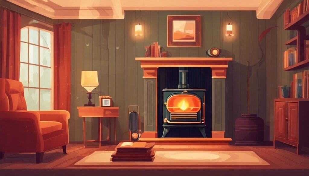 Een gezellige woonkamer met een verlichte petroleumkachel en vintage meubels.