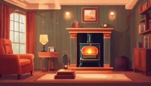 Een gezellige woonkamer met een verlichte petroleumkachel en vintage meubels.