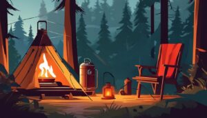 Een gezellige kampeeropstelling met een kerosinekachel in een bosrijke omgeving.