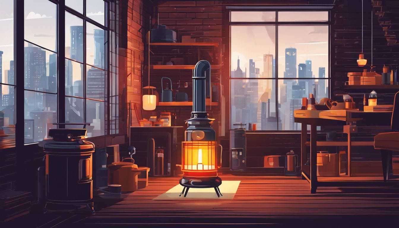 Een persoon verwarmt comfortabel een grote werkruimte met een petroleumkachel.