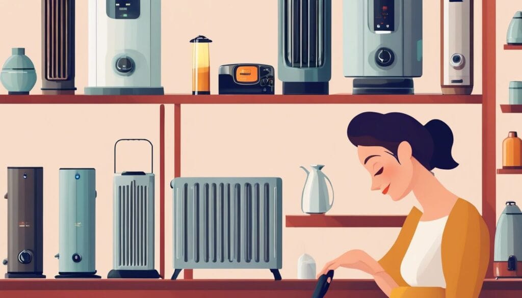 Een persoon vergelijkt verschillende modellen oliekachels in een goed verlichte showroom met modern interieur.