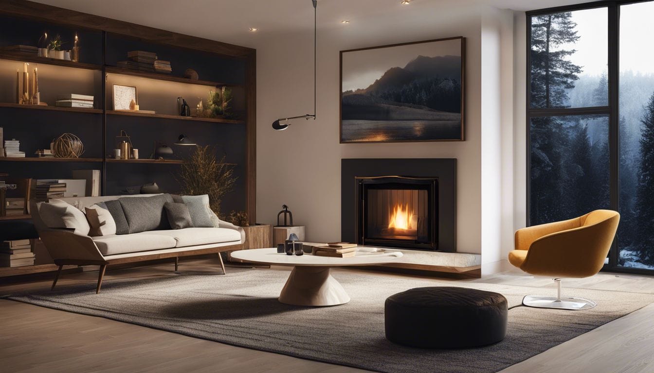 Een comfortabele woonkamer met een Kero SRE 4600 oliekachel, gezellig meubilair en gedetailleerde interieurontwerpelementen.