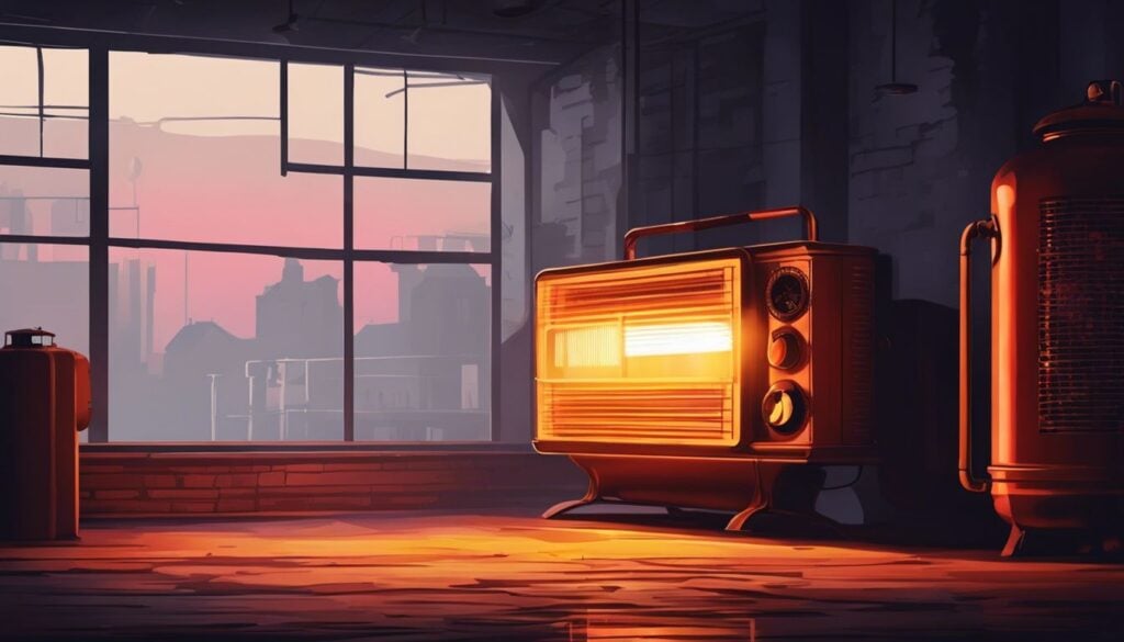 Een verlaten kamer met een kerosinekachel en waarschuwingsborden.