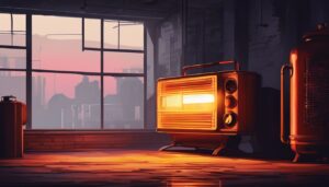 Een verlaten kamer met een kerosinekachel en waarschuwingsborden.