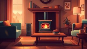 Een comfortabele woonkamer met een Makro petroleumkachel, warme dekens en een gezellige sfeer.