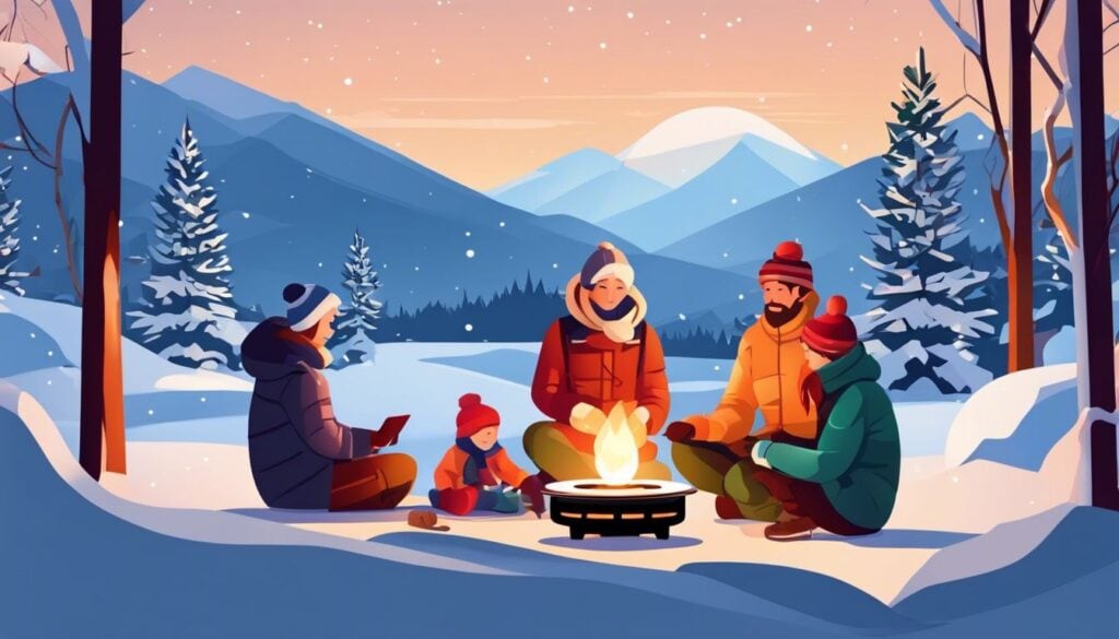 Winterse buitenscène met familie rond kerosinekachel en besneeuwde bomen.