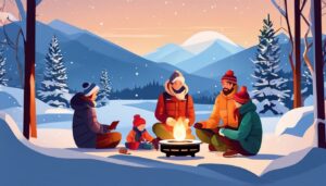 Winterse buitenscène met familie rond kerosinekachel en besneeuwde bomen.