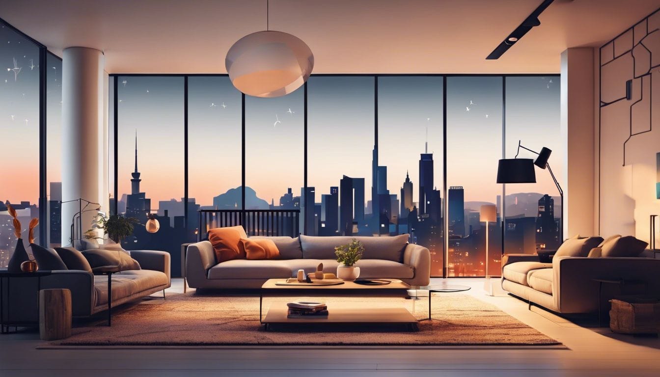 Een comfortabele woonkamer met moderne kachel en gezellig meubilair.