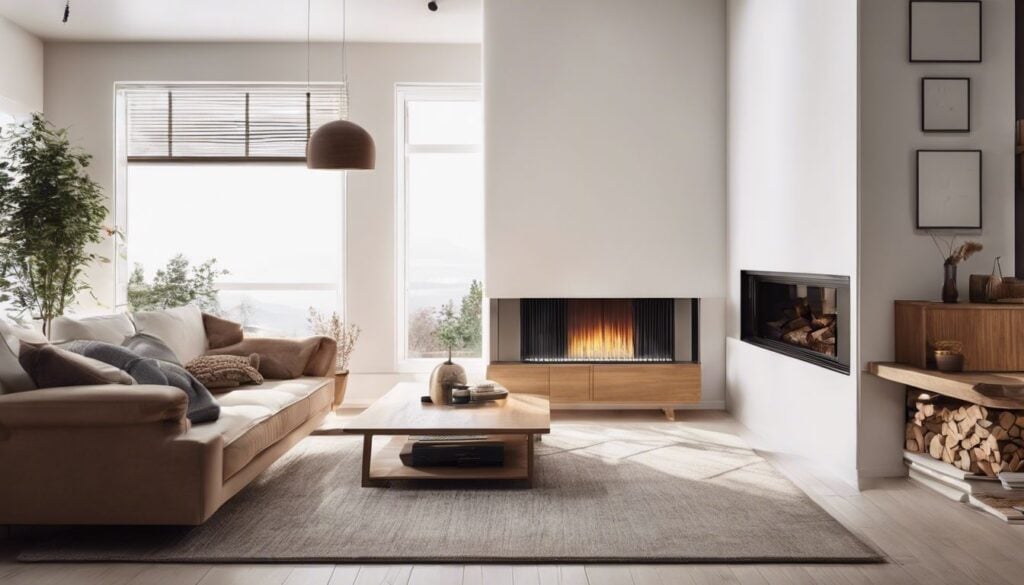 Comfortabele woonkamer met Praxis olie heater, zachte banken en gezellige vloerkleed.