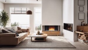 Comfortabele woonkamer met Praxis olie heater, zachte banken en gezellige vloerkleed.