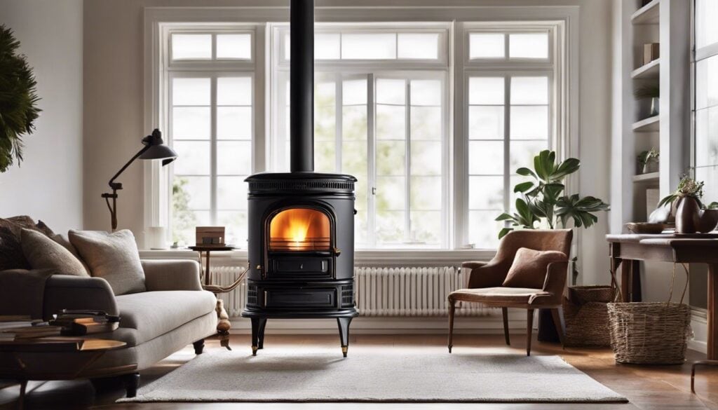 Een comfortabele woonkamer met een TC84 petroleumkachel en gezellige meubels.