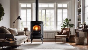 Een comfortabele woonkamer met een TC84 petroleumkachel en gezellige meubels.