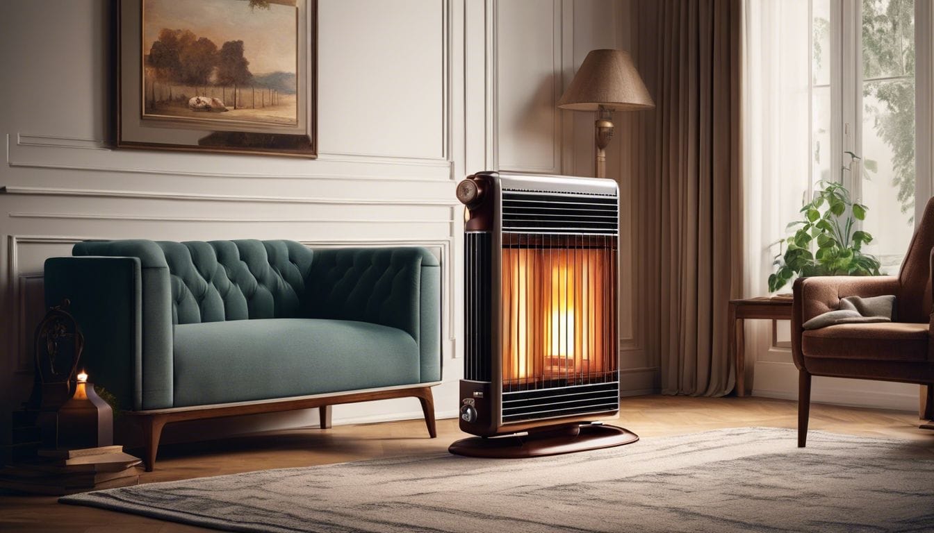 Een klassieke, gebruikte olie kachel in een gezellige woonkamer.