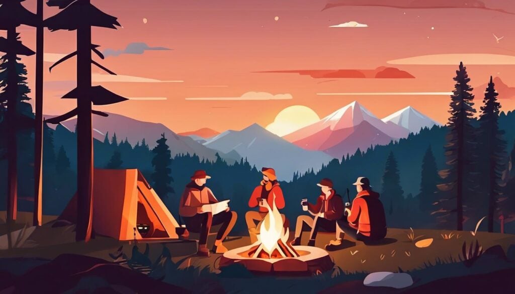 Een groep vrienden geniet van een kampvuur en natuur fotografie.