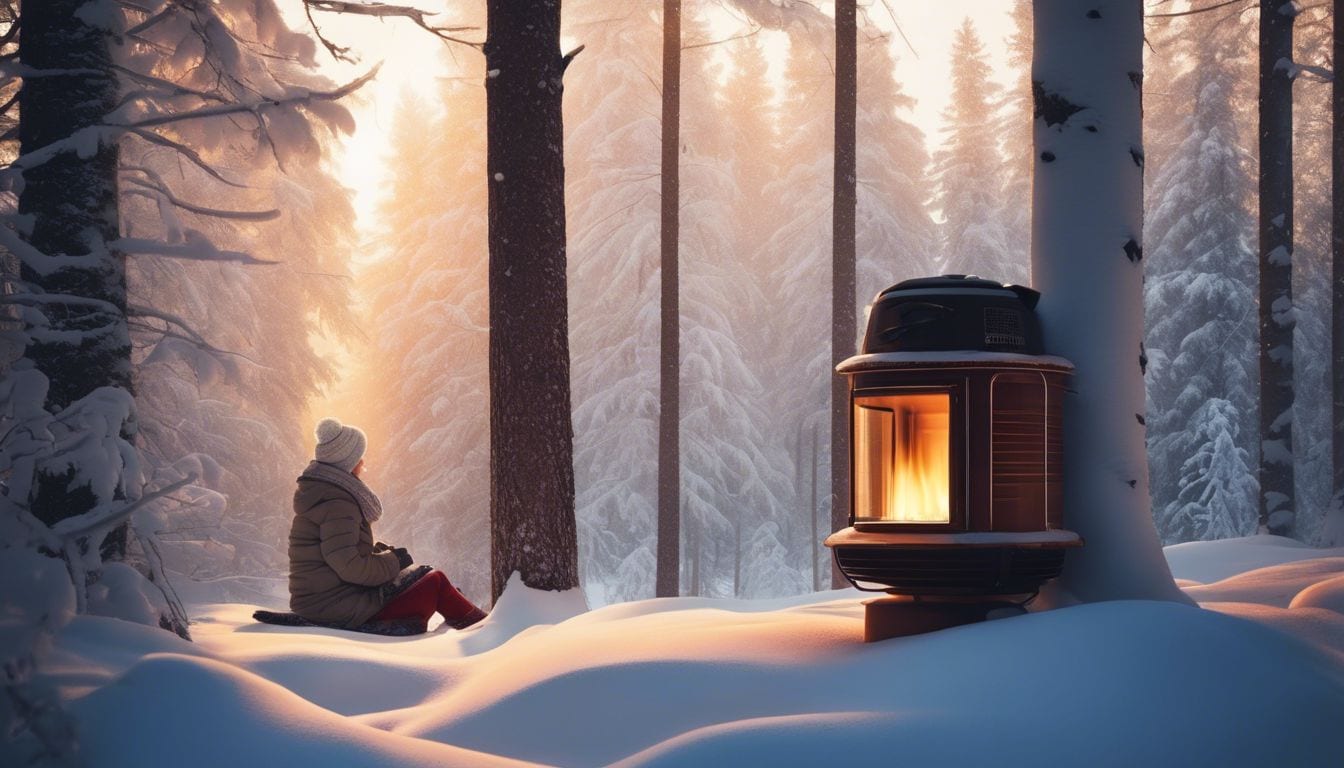 Een persoon zit comfortabel naast een Zibro kerosine kachel in winterse omgeving.
