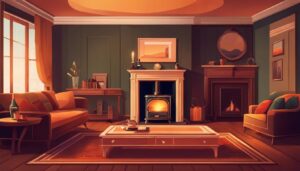 Een gezellige woonkamer met vintage meubels en een Brico petroleumkachel.