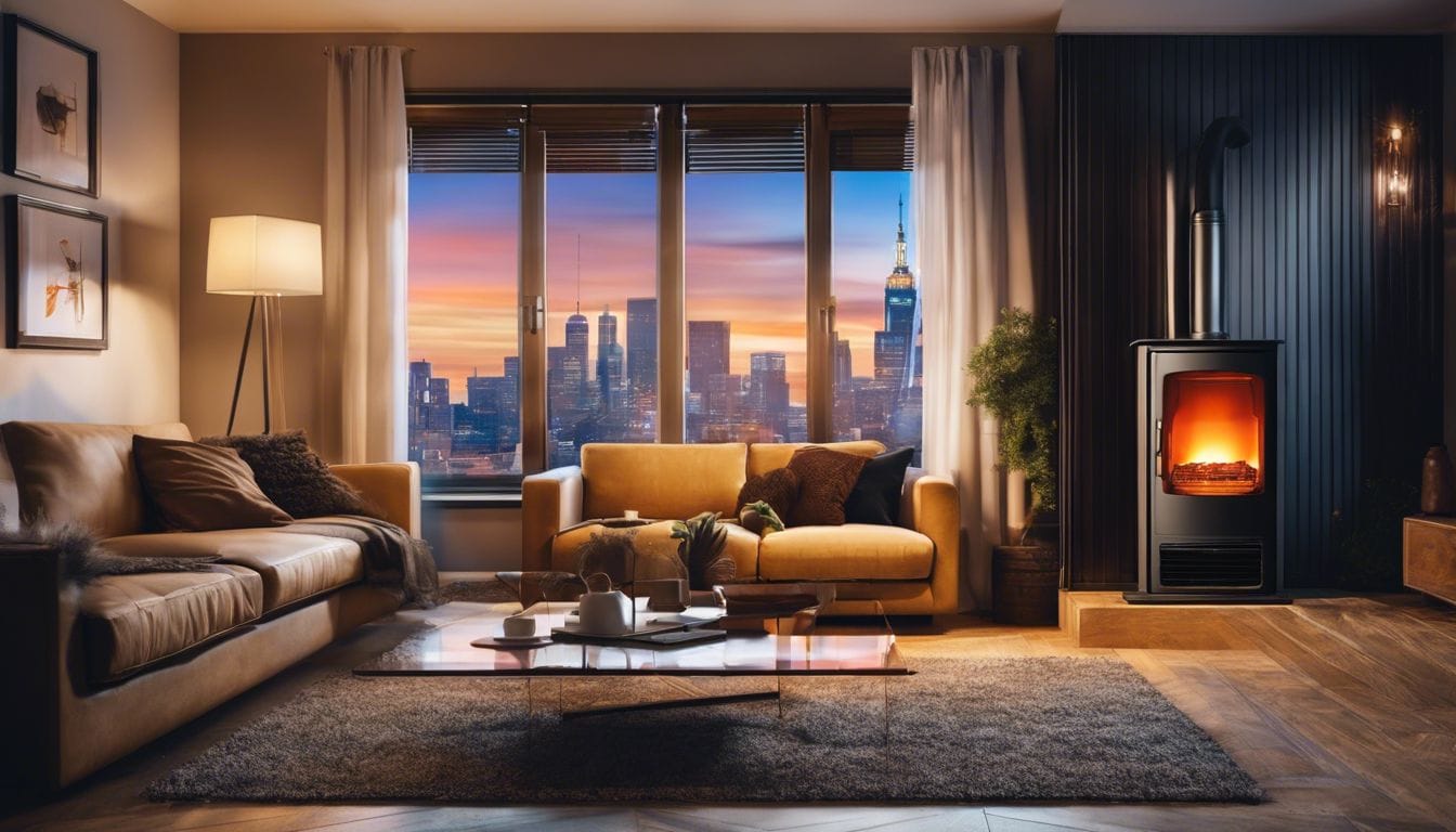 Een gezellige woonkamer met een populaire olie kachel en stadsgezicht fotografie.