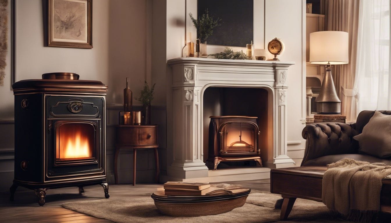 Een vintage oliekachel in een knusse woonkamer met antieke meubels.
