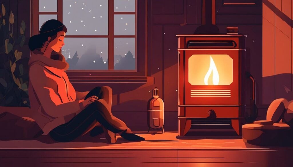 Een persoon zit comfortabel naast een brandende kerosinekachel.