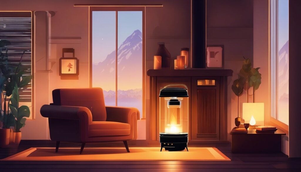 Een comfortabele woonkamer met een Qlima petroleumkachel en gezellig meubilair.