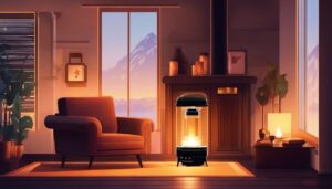 Een comfortabele woonkamer met een Qlima petroleumkachel en gezellig meubilair.