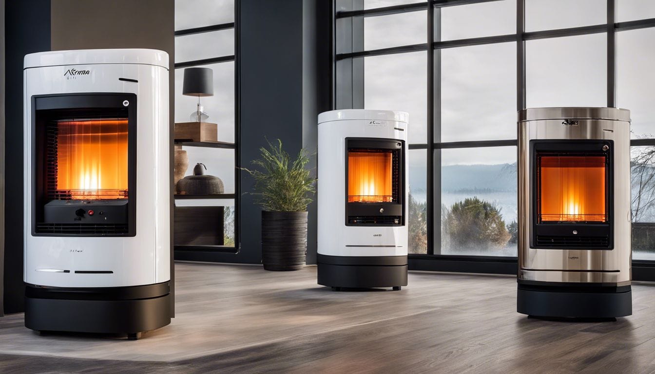 Verschillende Qlima petroleumkachels tentoongesteld in een moderne showroom.