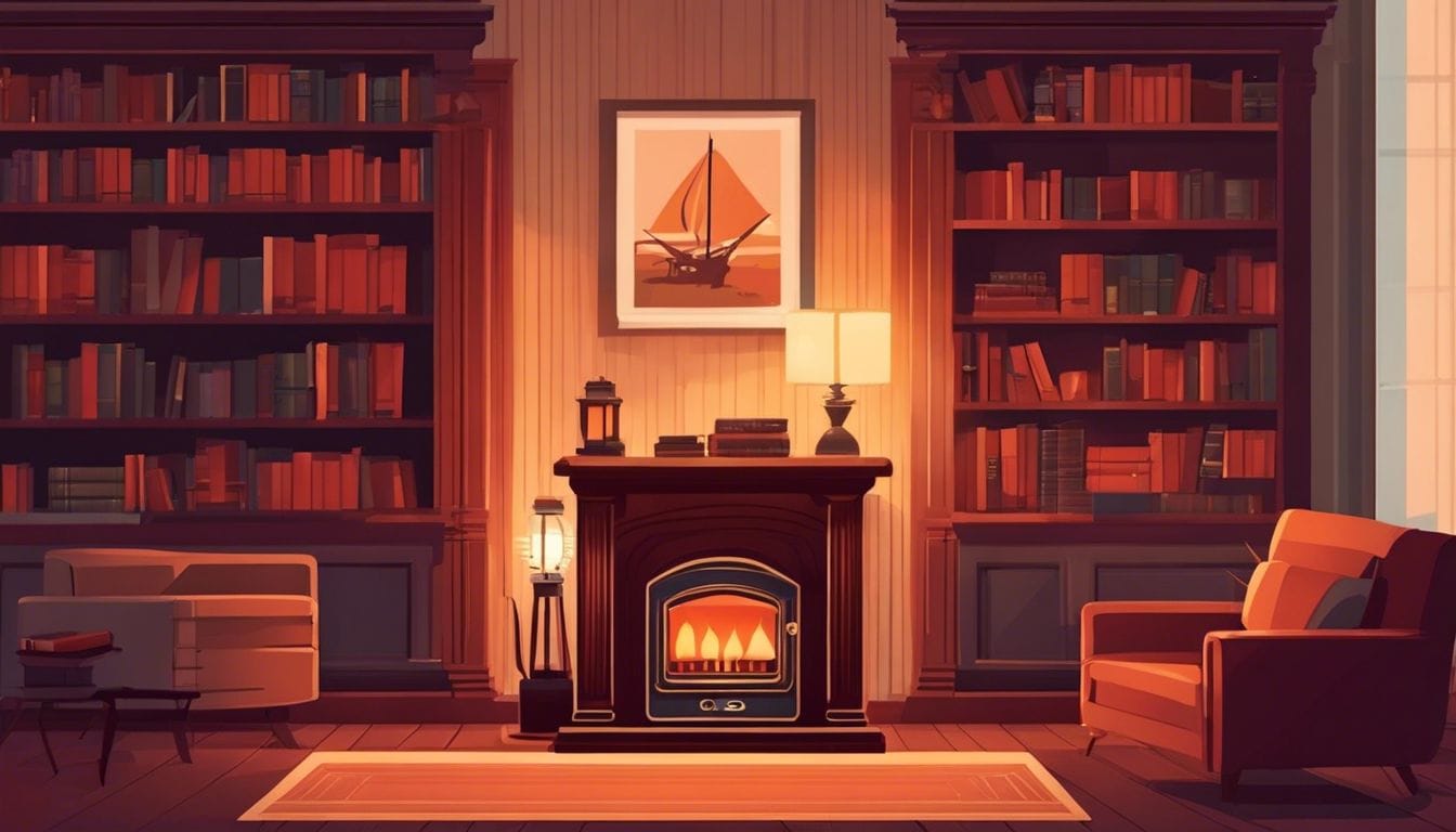 Een comfortabele woonkamer met een stralende petroleumkachel en gezellige meubels.