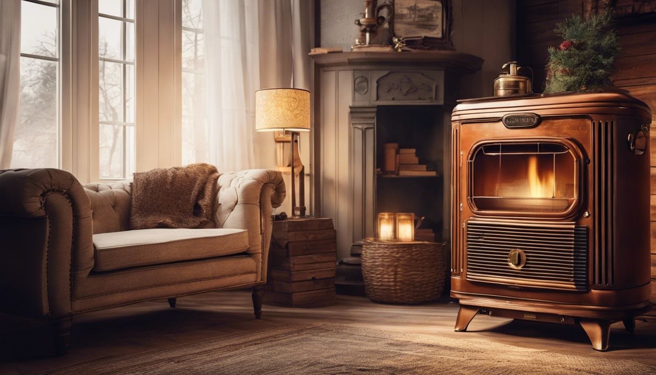 Een rustieke gebruikte petroleumkachel omringd door vintage decor in een knusse woonkamer. Een rustieke gebruikte petroleumkachel omringd door vintage decor in een knusse woonkamer.