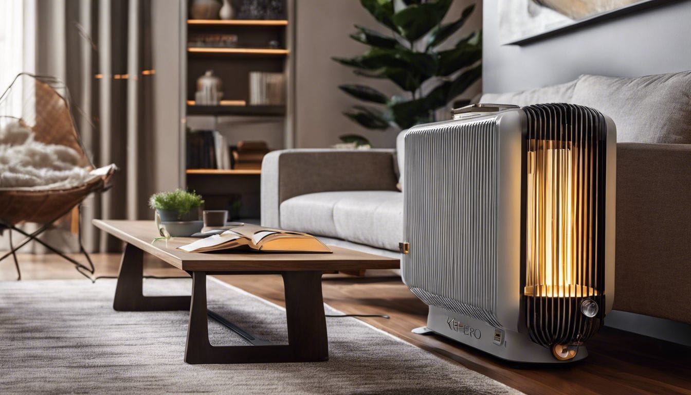 Een kerosine verwarmer van het type Kero SRE 4600 in een gezellige woonkamer setting.