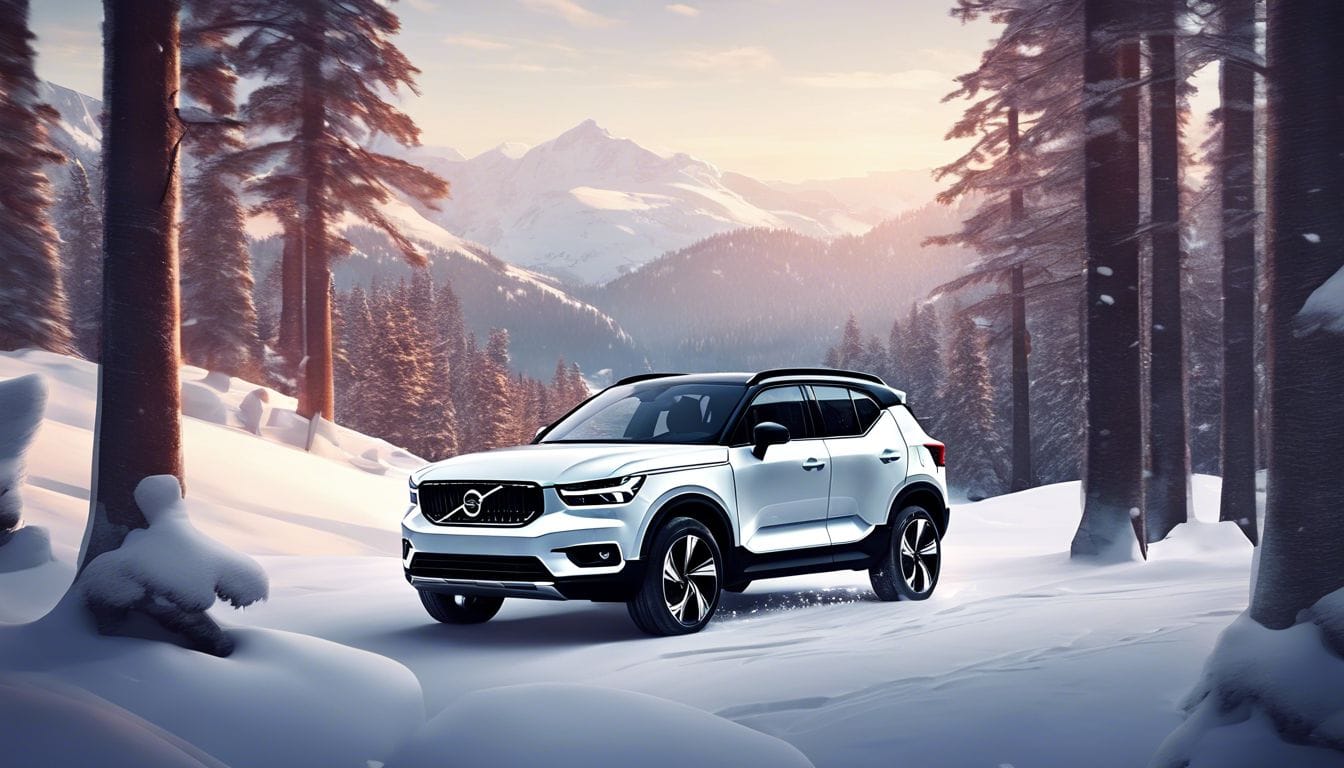 Een persoon zit ontspannen in een luxe Volvo XC40 met parkeerverwarming, omringd door een winterlandschap.