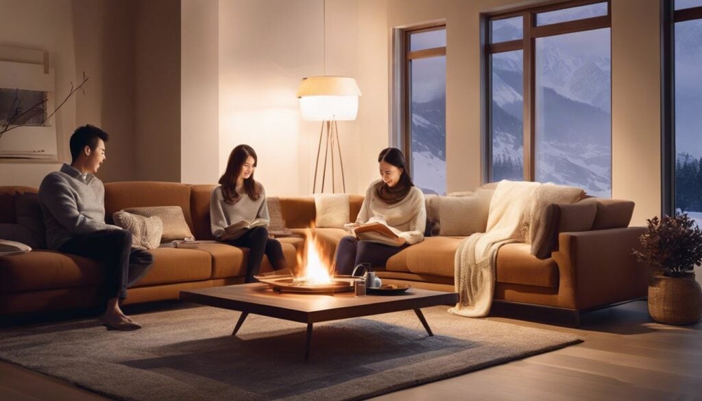 Een gezin zit comfortabel bij de Tosai SRE 301 elektronische petroleumkachel.