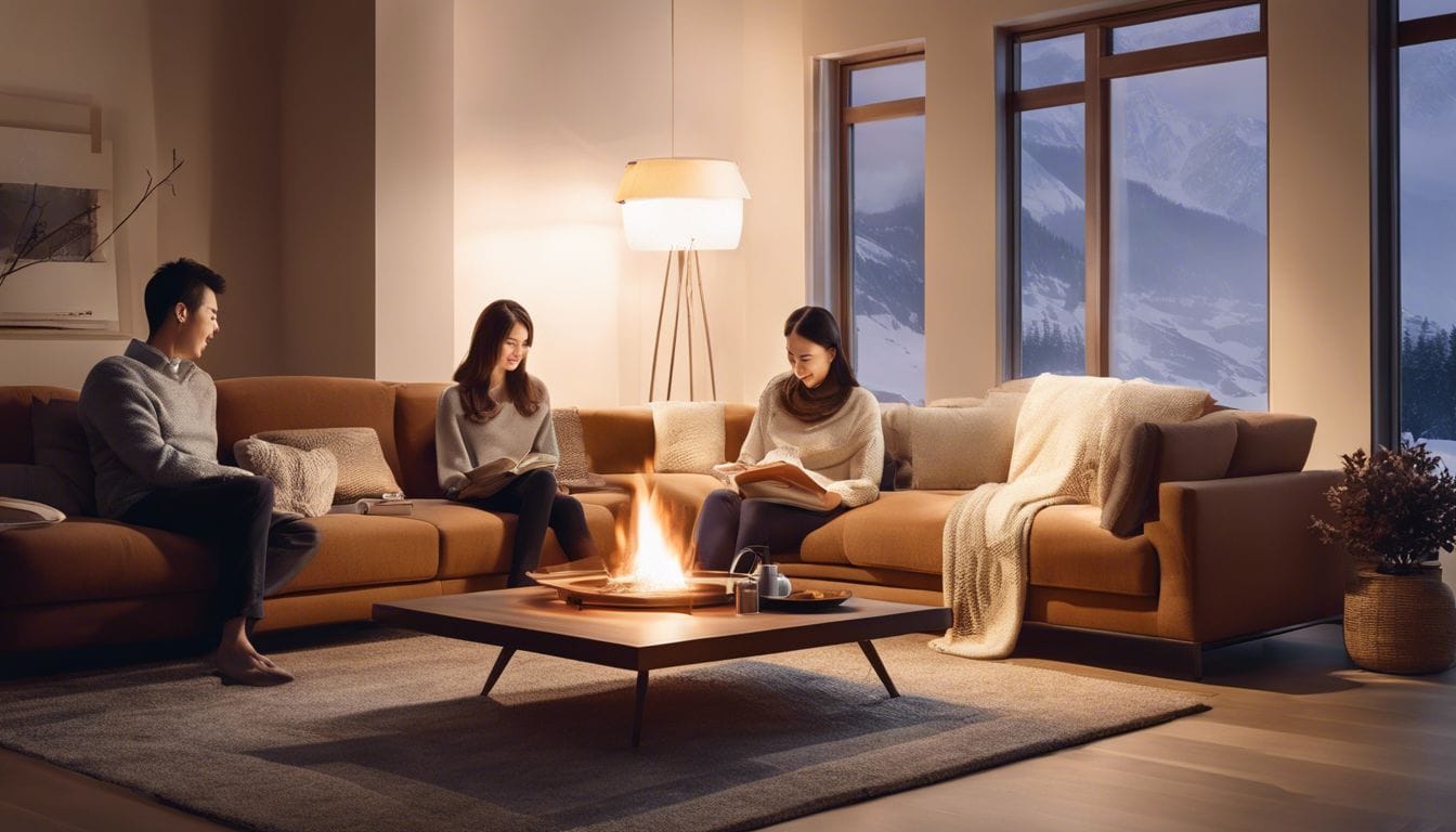 Een gezin zit comfortabel bij de Tosai SRE 301 elektronische petroleumkachel.