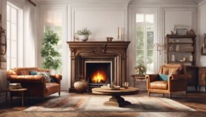 Een comfortabele woonkamer met een vintage openhaard en gezellige fauteuils.