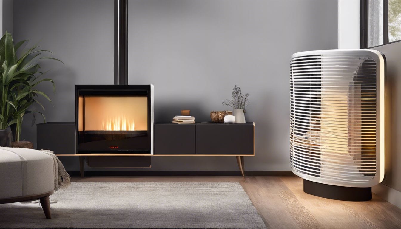 Een persoon bedient de EvoEnergy Petroleum Heater in een gezellige woonkamer.