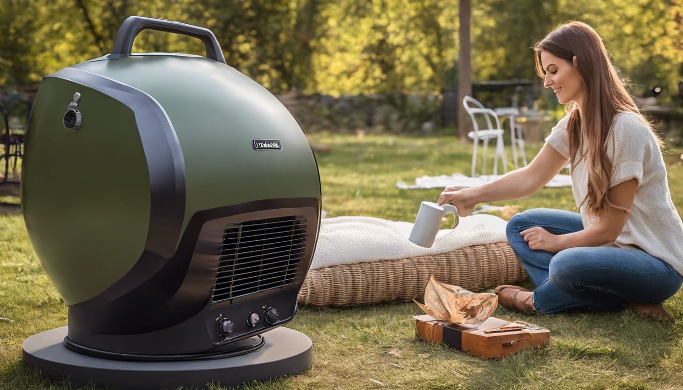 Persoon stelt Velleman TC84100N olie kachel op bij buitenevenement.