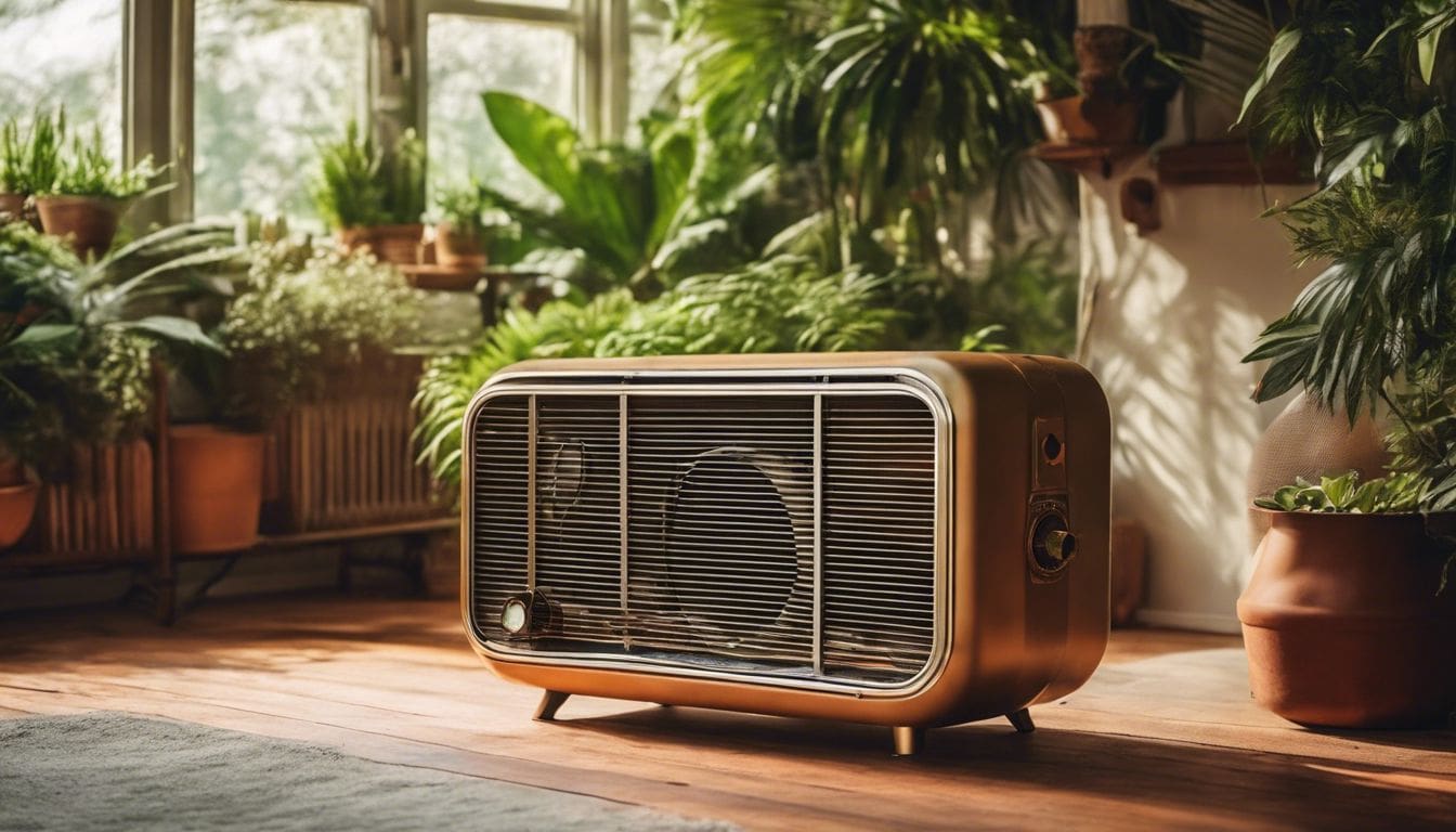 Een vintage oliekachel omgeven door groen en natuur, cre&euml;ert een nostalgische en vredige sfeer.