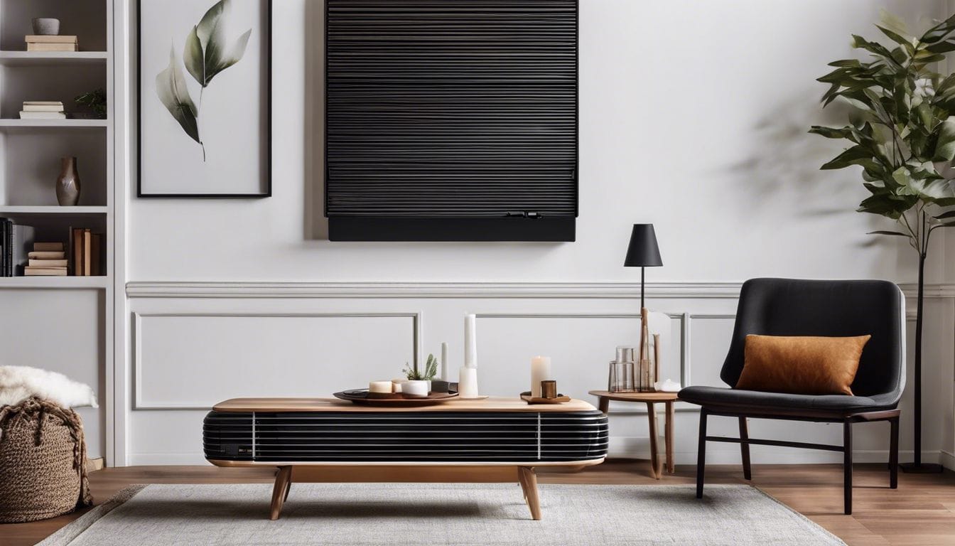 Een comfortabele woonkamer met moderne meubels en een elektronische kerosinekachel.