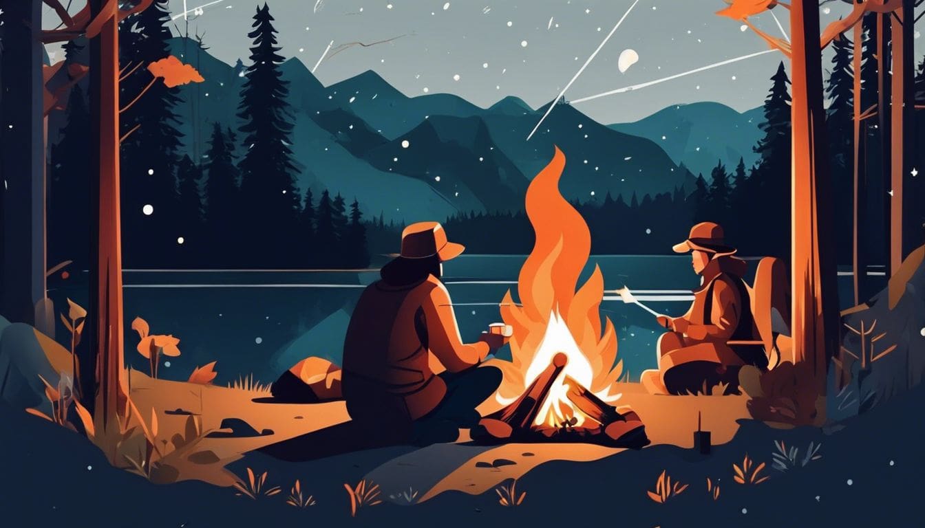 Een gezellige kampeeromgeving met een warm kampvuur in het wild.