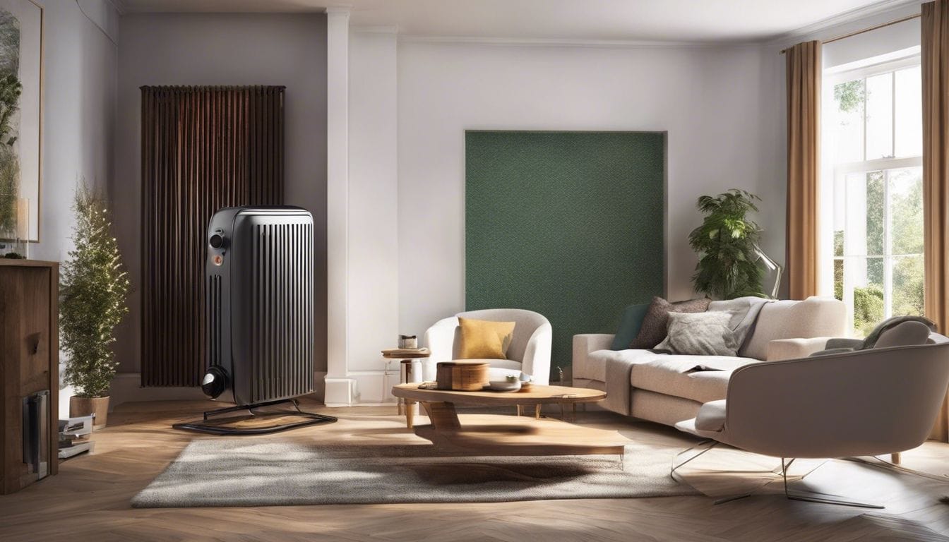 Een oliekachel van 500 watt in een gezellige en compacte woonkamer. Een oliekachel van 500 watt in een gezellige en compacte woonkamer.