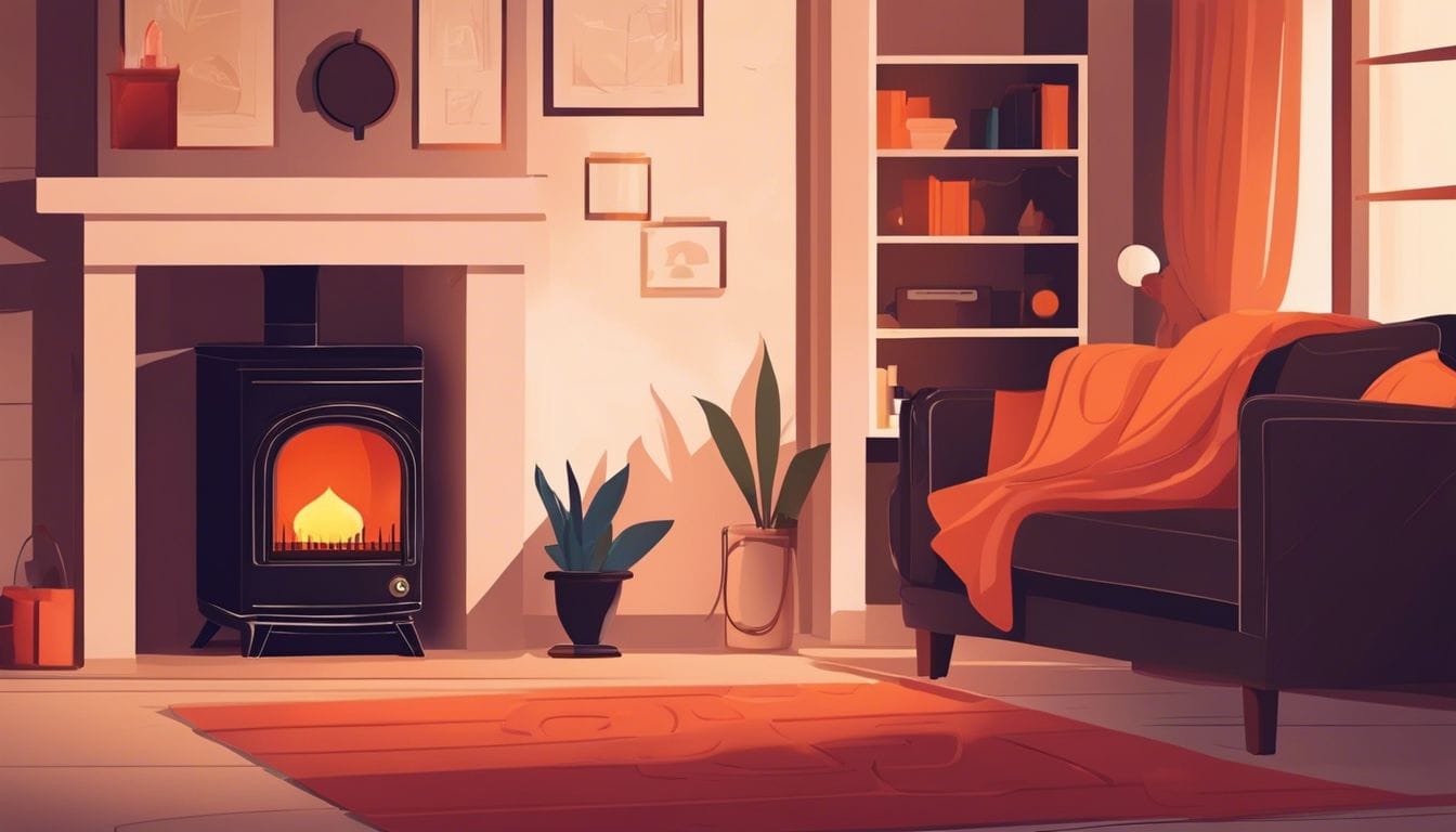 Een persoon zit gezellig bij een petroleumkachel in een warme woonkamer. Een persoon zit gezellig bij een petroleumkachel in een warme woonkamer.