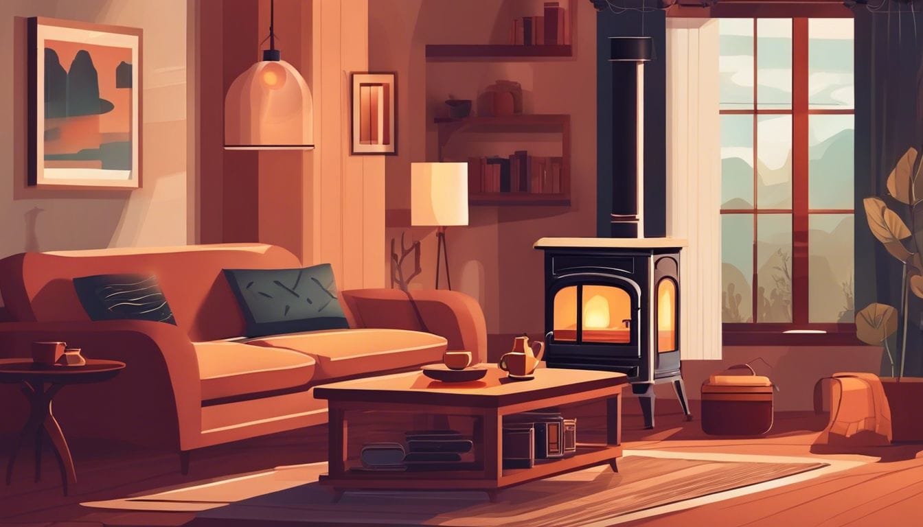 Een gezellige woonkamer met een kerosinekachel en comfortabel meubilair. Een gezellige woonkamer met een kerosinekachel en comfortabel meubilair.