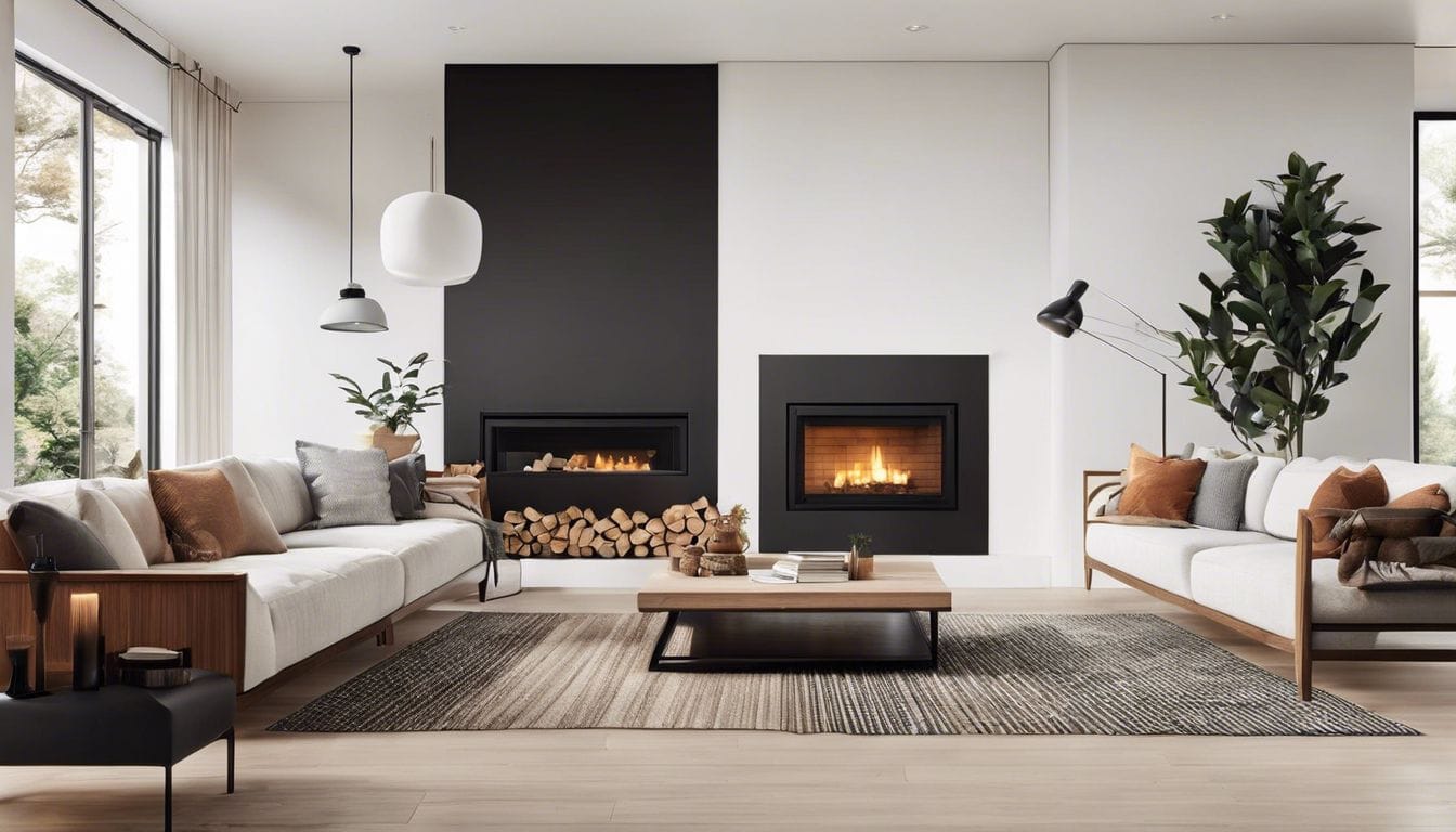Een comfortabele woonkamer met verschillende haardopties en gezellige meubels.