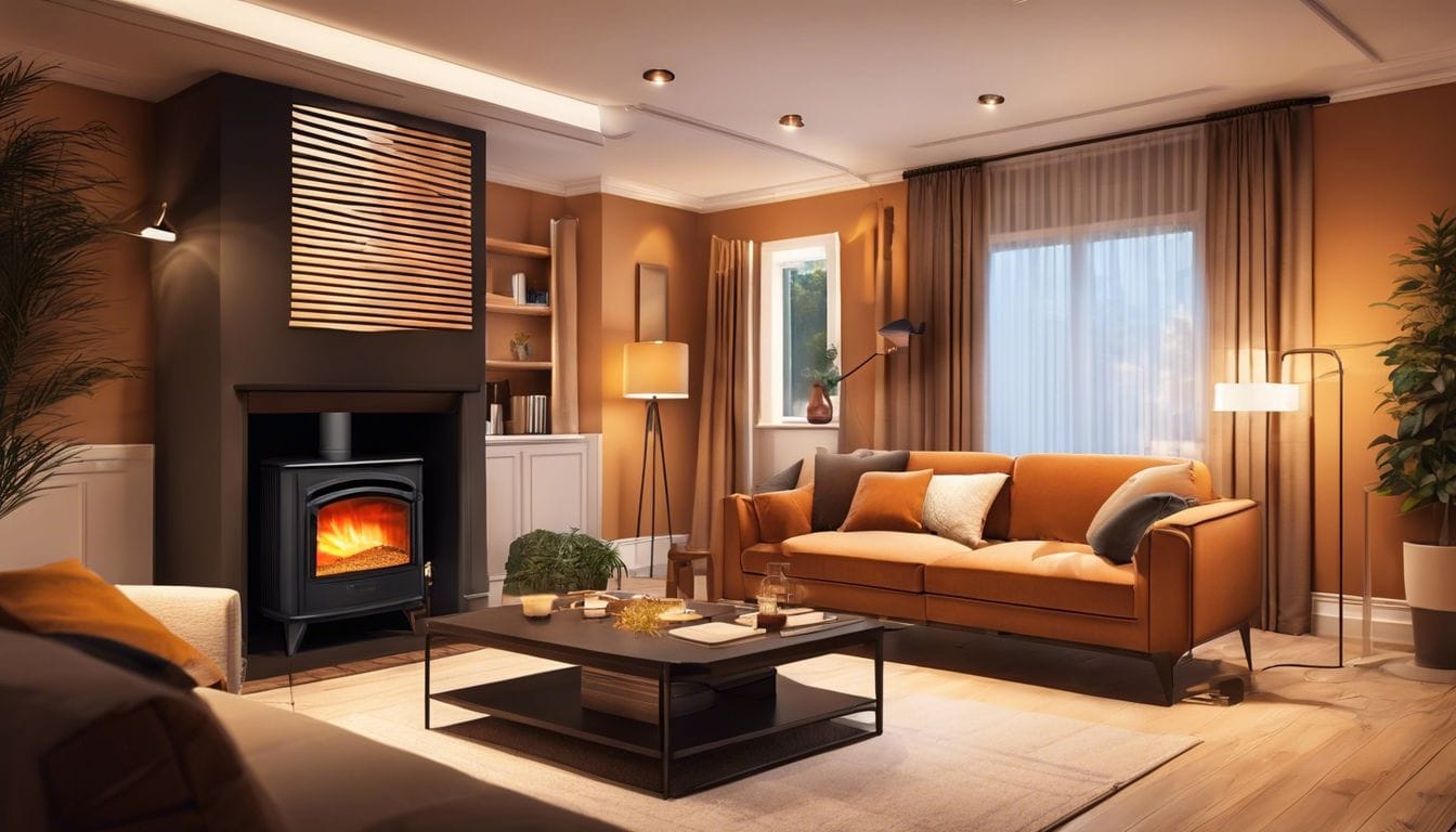 Een comfortabele woonkamer met een functionele oliekachel als middelpunt. Een comfortabele woonkamer met een functionele oliekachel als middelpunt.