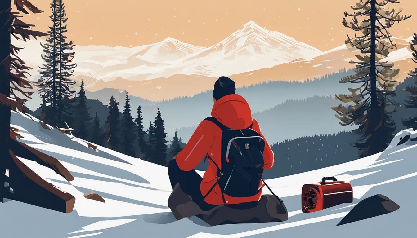 Eenzame wandelaar zit bij kachel in besneeuwd berglandschap.