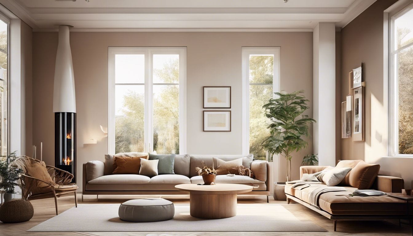 Een comfortabele woonkamer met een moderne centrale verwarming open haard en duurzame interieurdecoratie. Een comfortabele woonkamer met een moderne centrale verwarming open haard en duurzame interieurdecoratie.