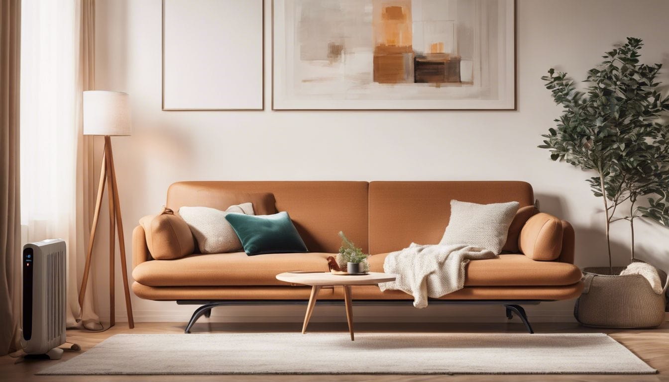 Een moderne elektrische olie kachel in een gezellige woonkamer.