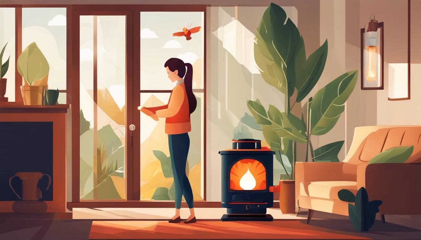 Iemand past de kerosine-petroleumkachel aan in een gezellige woonkamer met natuurlijke fotografie. Iemand past de kerosine-petroleumkachel aan in een gezellige woonkamer met natuurlijke fotografie.