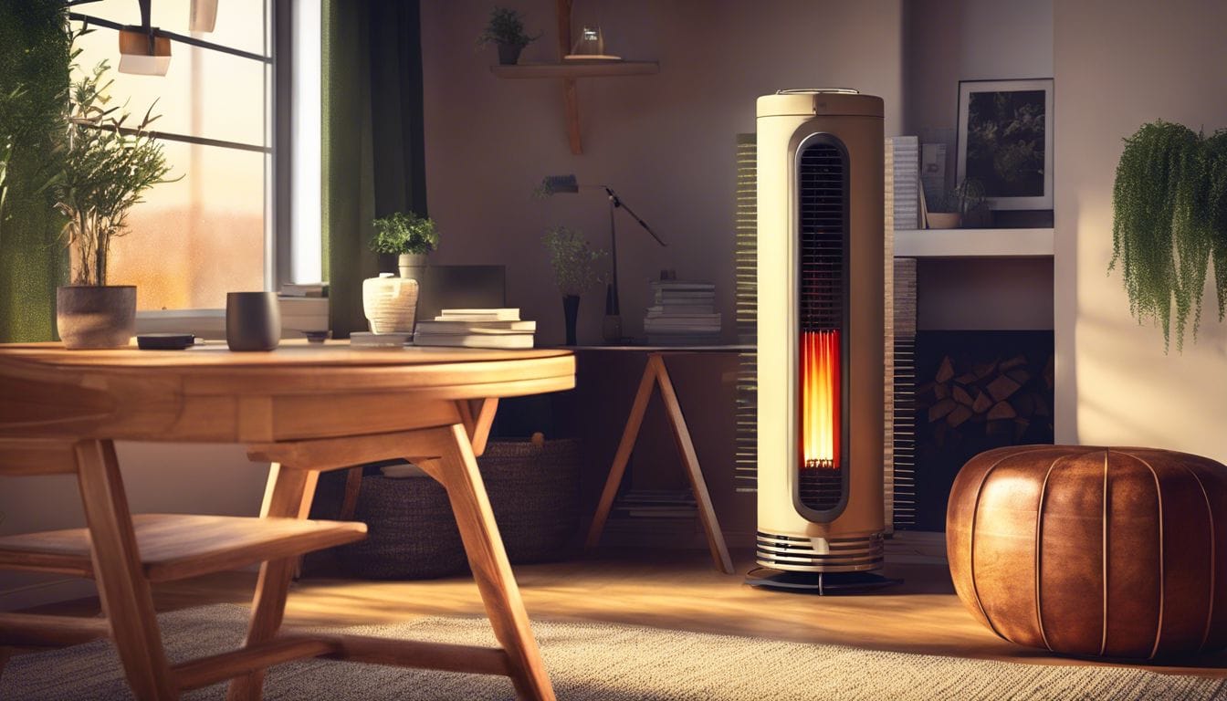 Een 500 watt olieverwarmer straalt warmte uit in een gezellig thuiskantoor. Een 500 watt olieverwarmer straalt warmte uit in een gezellig thuiskantoor.