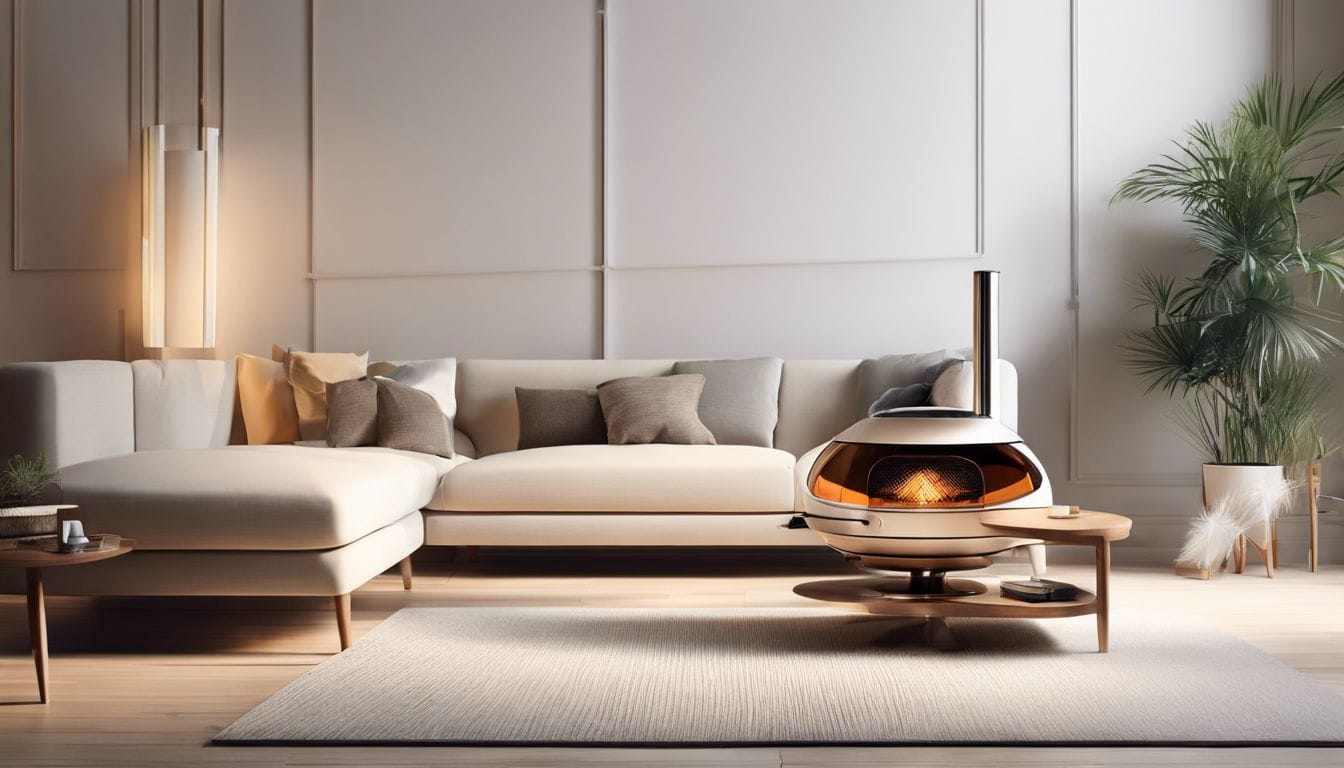 Een stijlvolle olieverwarming in een gezellige woonkamer met comfortabel meubilair.