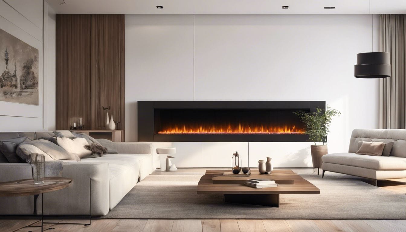 Een comfortabele woonkamer met een moderne elektrische haard en eigentijds meubilair. Een comfortabele woonkamer met een moderne elektrische haard en eigentijds meubilair.